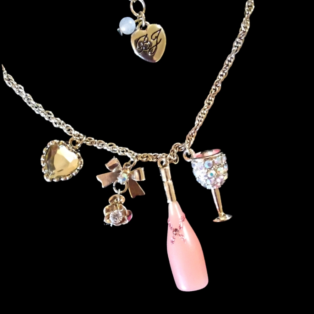 Betsey Johnson Wine & Crystal Challis & Assorted Charms Necklace